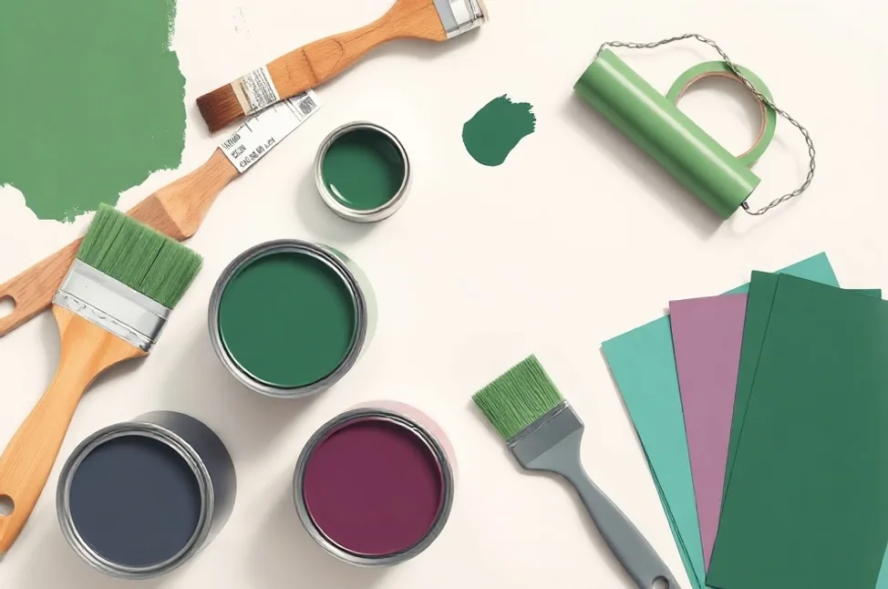 Pots de peinture, nuancier, brosses et rouleaux disposés à plat