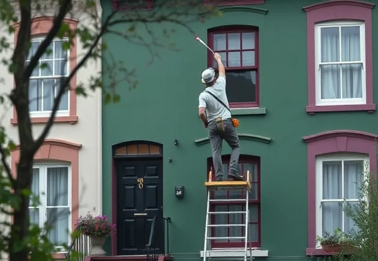 Peintre sur échafaudage traitant la façade d'une maison