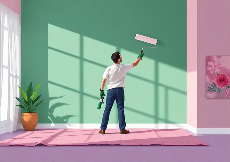 Peintre appliquant la peinture au rouleau sur un mur de salon